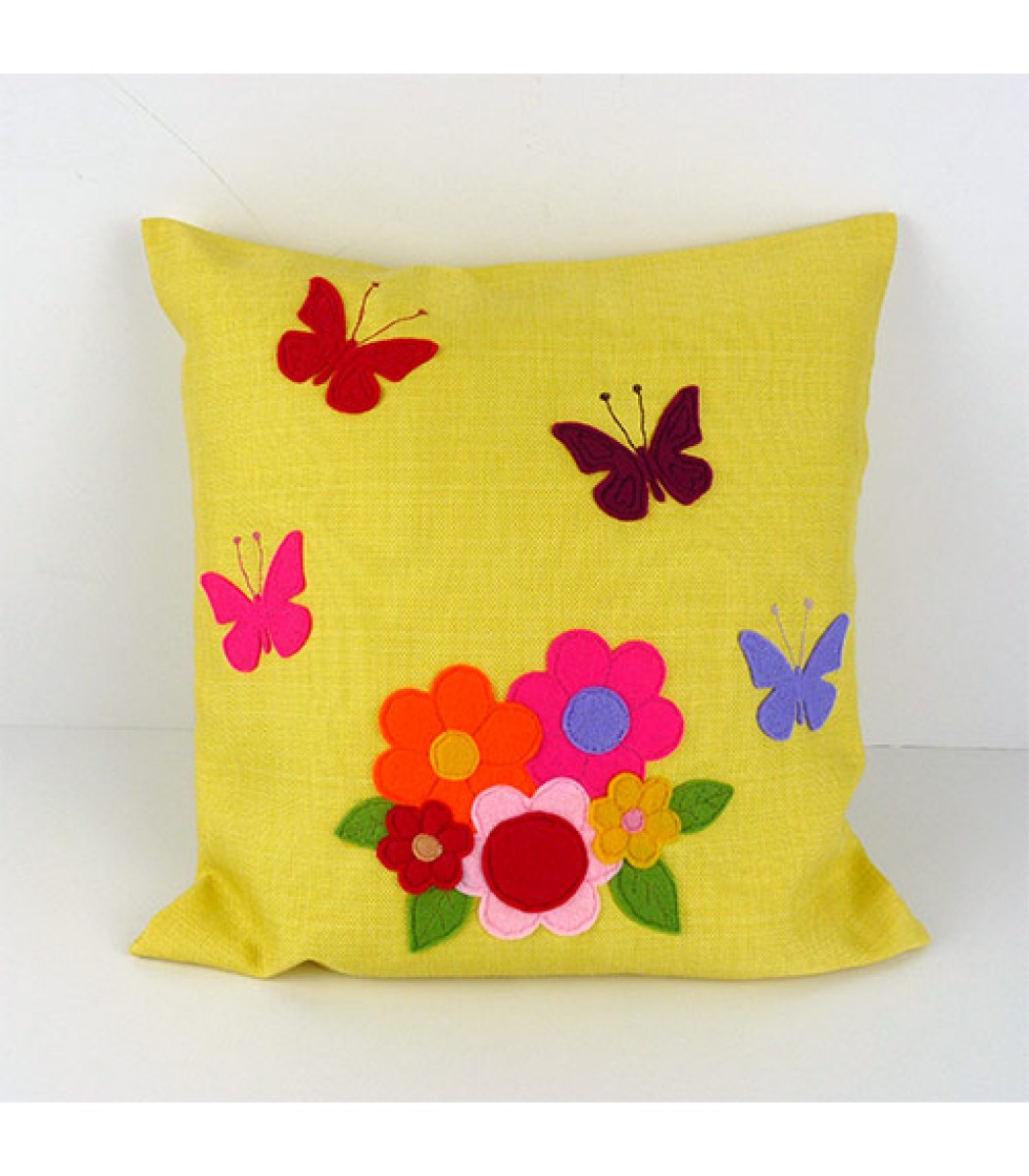 Flowers and Butterflies Applique Cushion Yellow